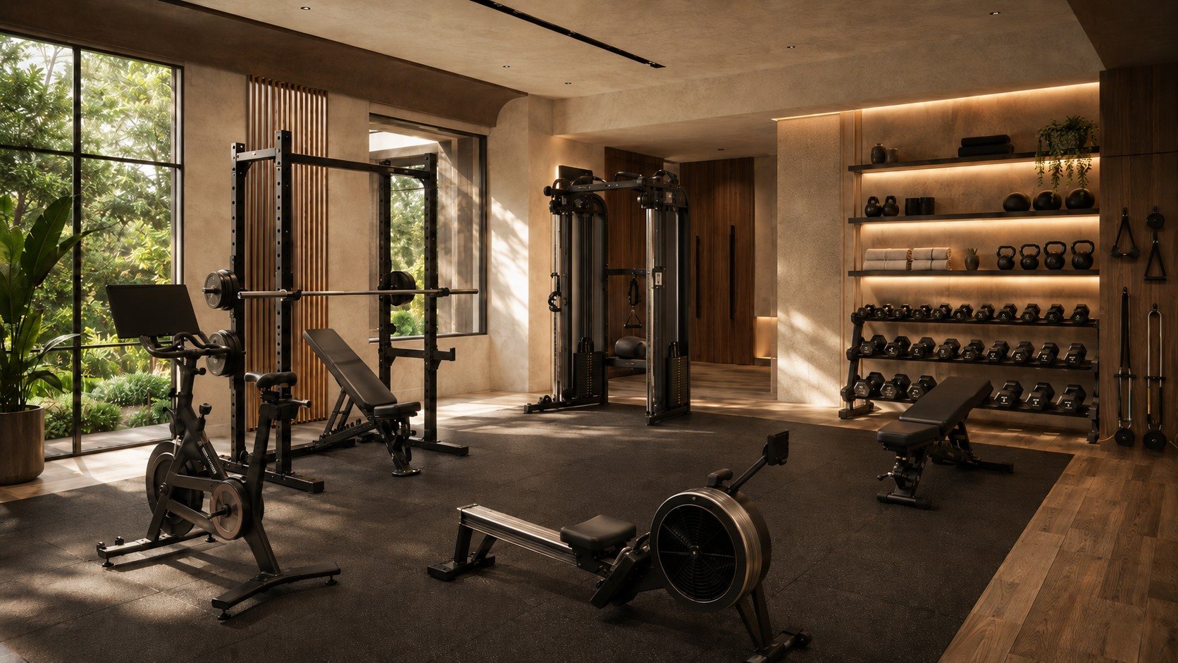 Premium private G-Core training space with varied equipment, warm materials and natural light