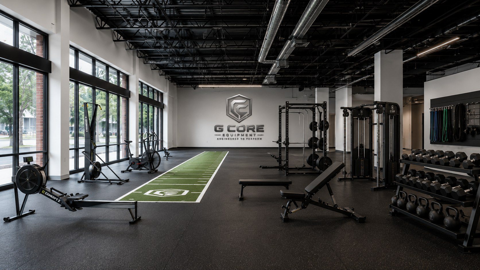 Apartment or mixed-use fitness room with rower, ski trainer, turf, cable trainer, dumbbells and bench
