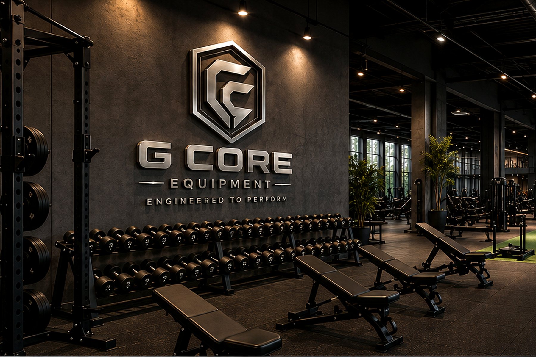 G-Core chrome brand detail on a premium black wall