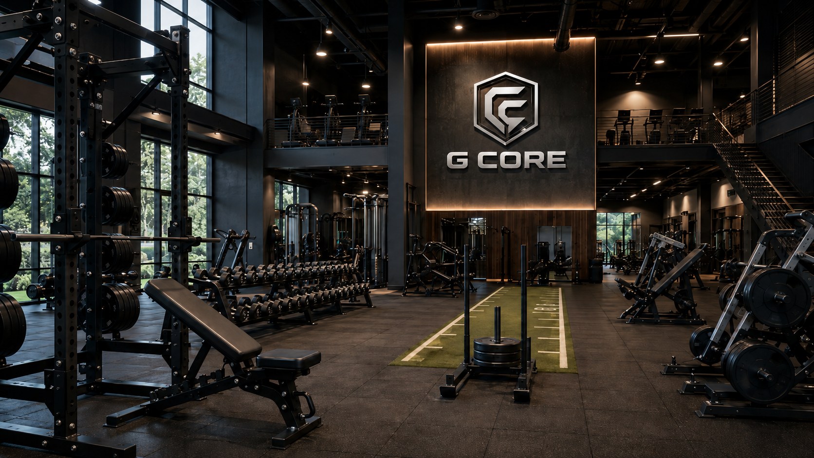 Large-scale G-Core branded commercial gym with varied strength, turf, machine and cardio zones
