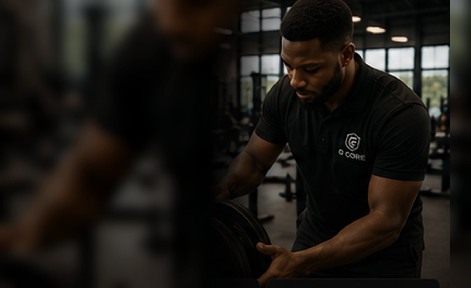 Premium G-Core equipment service scene with commercial gym equipment and professional support