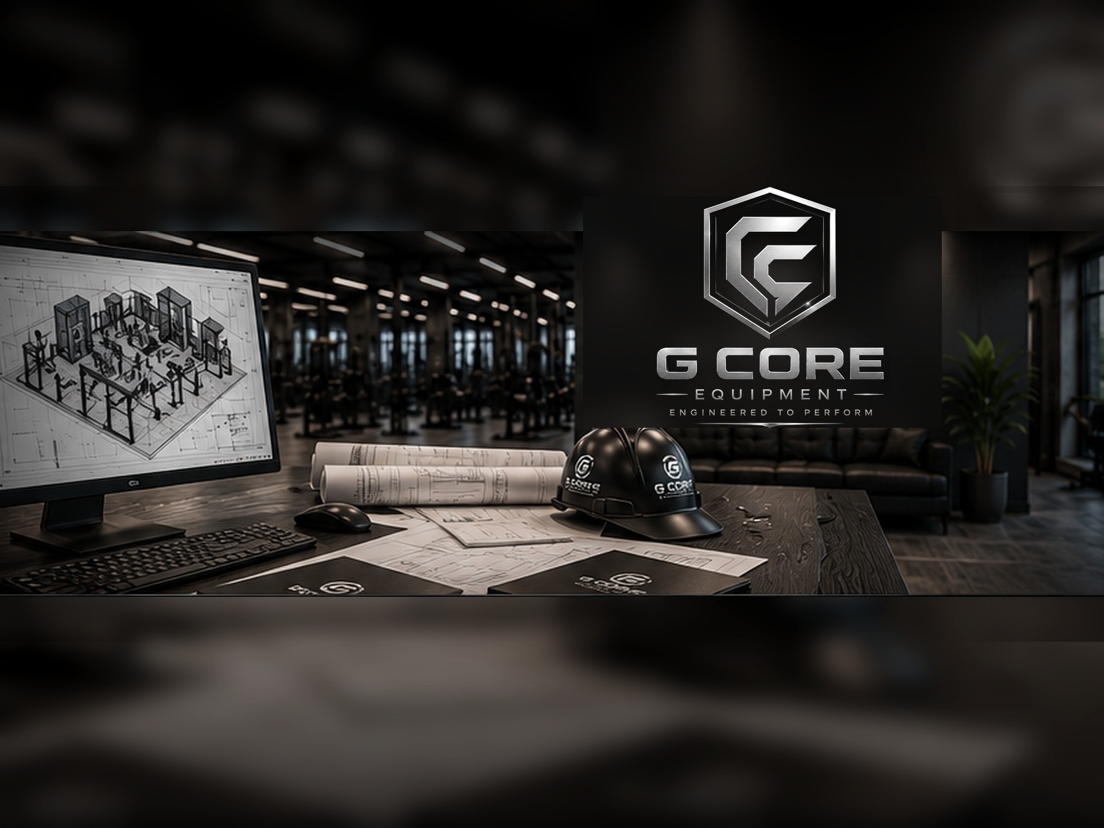 G-Core process planning scene with gym layout drawings, installation documents, branded hard hat and embedded G-Core logo