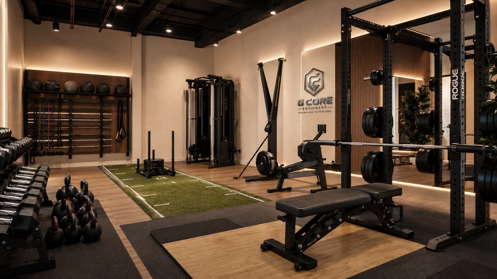 Boutique training studio with rack, sled lane, dumbbells, cable trainer and storage