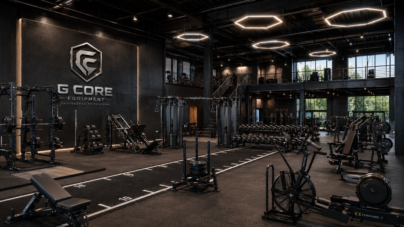 Commercial G-Core gym with strength, turf, machine and cardio zones