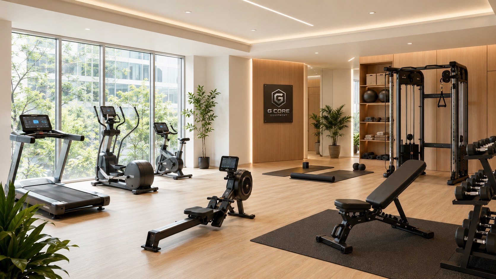 Bright corporate wellness gym with treadmill, bike, rower, cable unit, bench and dumbbells